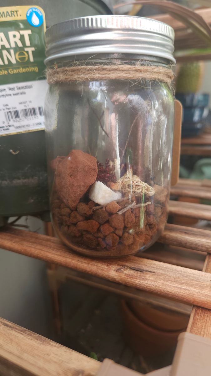 Faux desert terrarium with red rock in a mason jar