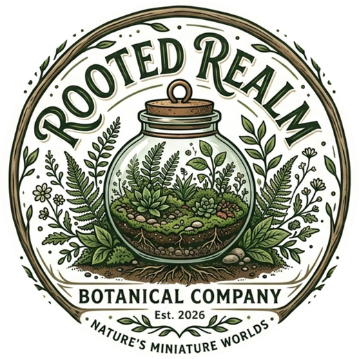Rooted Realm Botanical Company logo: a corked glass terrarium surrounded by ferns, Est. 2026, Nature's Miniature Worlds